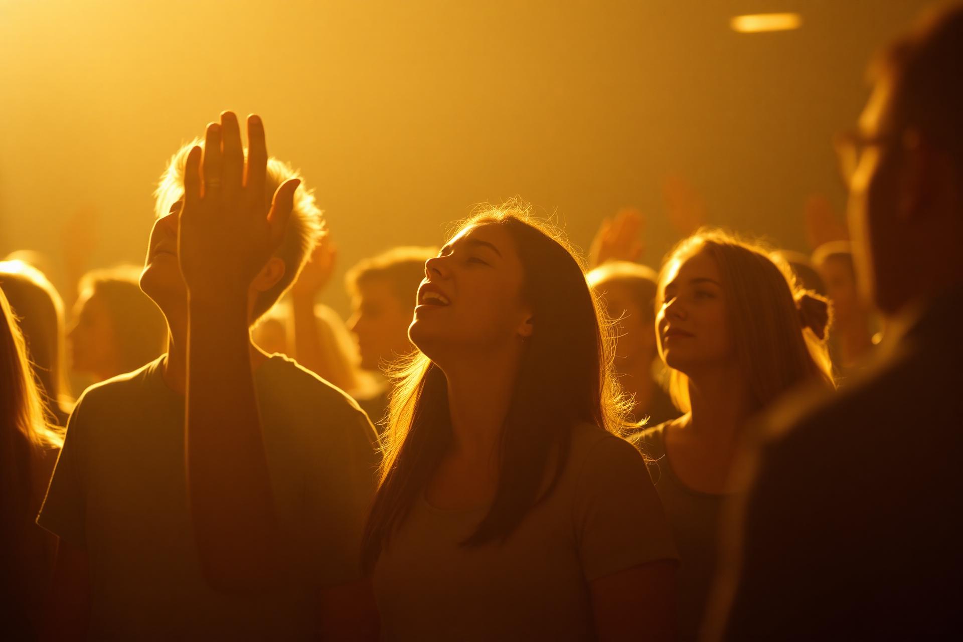 Young people worshipping with hands raised in golden light